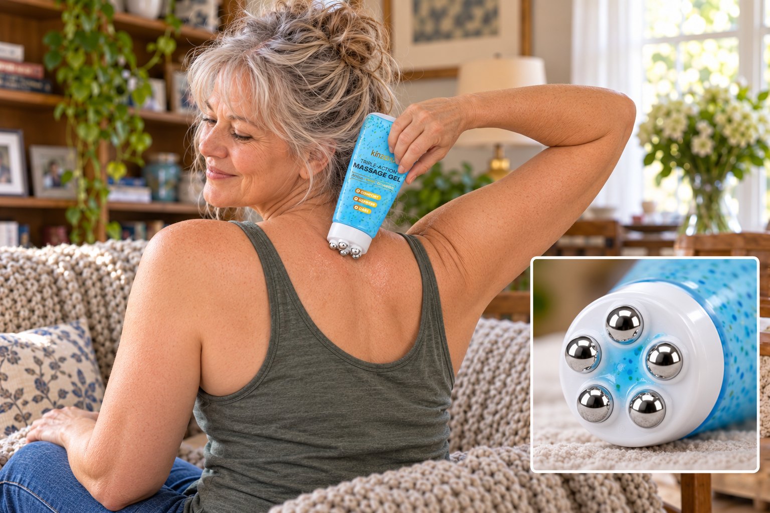 Carol rollt den Roller über ihren oberen Rücken; im Ausschnitt sind die fünf Rollkugeln am Kopf aus der Nähe zu sehen